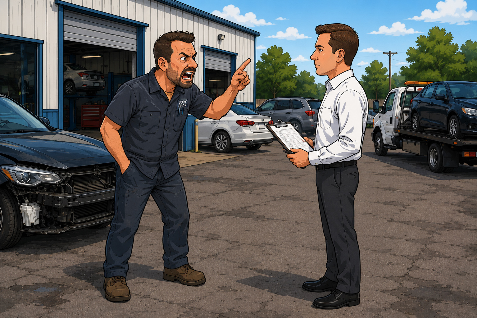 Vehicle owner discussing a repair dispute with an insurance appraiser at a body shop