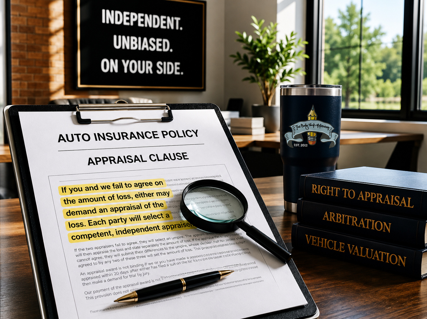 Auto policy appraisal clause language highlighted for a total loss dispute