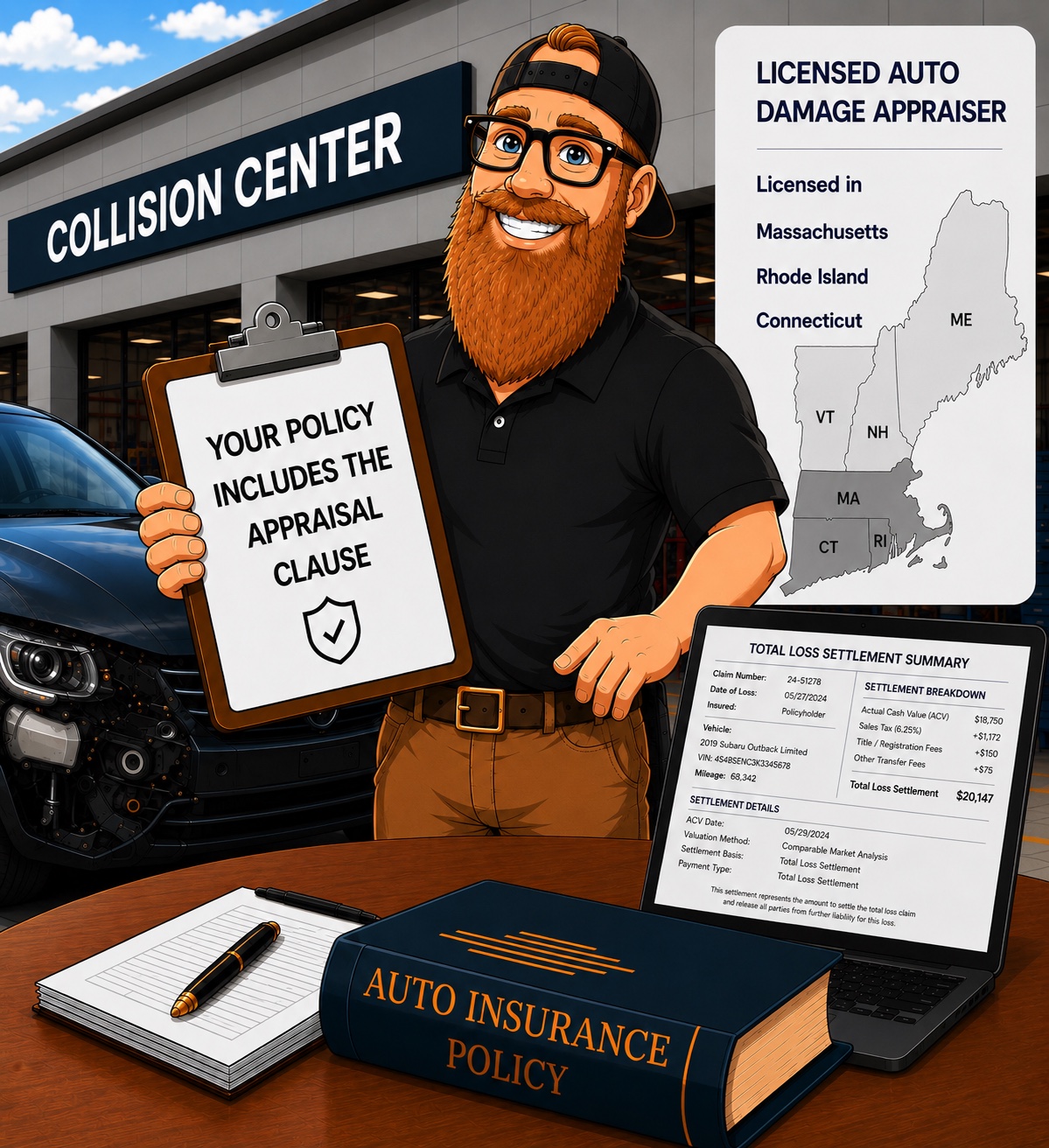 Independent auto damage appraiser reviewing an insurance policy and valuation report outside a collision center